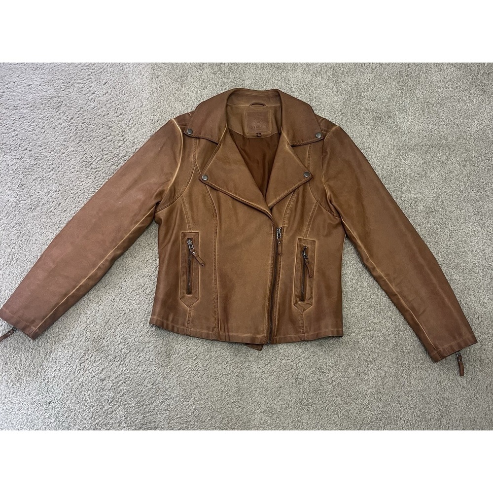 Camel Brown Leather Moto Jacket By Max Studio Studio Asymmetrical Zip Size Large